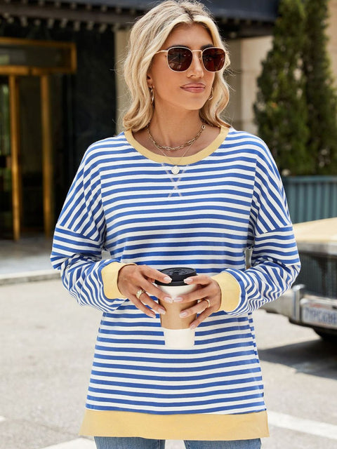 Women's striped sweatshirt, side slits, round neck, long sleeve Striped sweatshirt, side slit, casual, comfortable