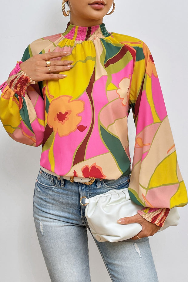 Floral Smocked Mock Neck Blouse