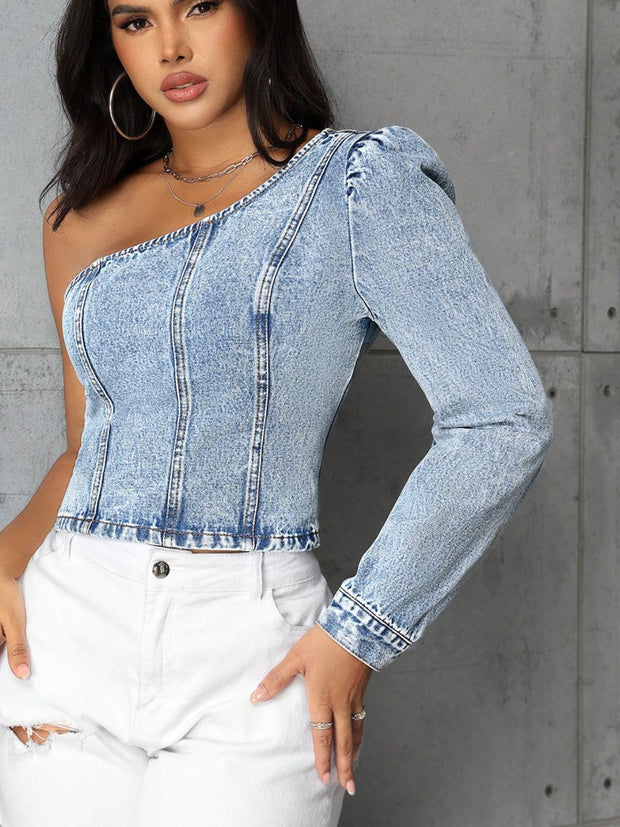 One Shoulder Denim Top