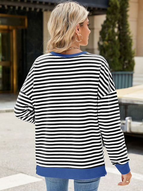 Women's striped sweatshirt, side slits, round neck, long sleeve Striped sweatshirt, side slit, casual, comfortable