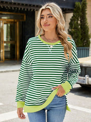 Women's striped sweatshirt, side slits, round neck, long sleeve Striped sweatshirt, side slit, casual, comfortable