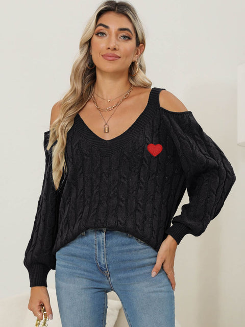 Cable-Knit Heart V-Neck Sweater