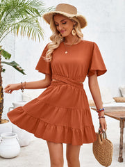 Crisscross Round Neck Flutter Sleeve Mini Dress