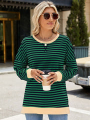 Women's striped sweatshirt, side slits, round neck, long sleeve Striped sweatshirt, side slit, casual, comfortable