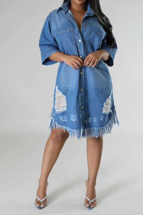 Distressed Raw Hem Button Up Denim Dress