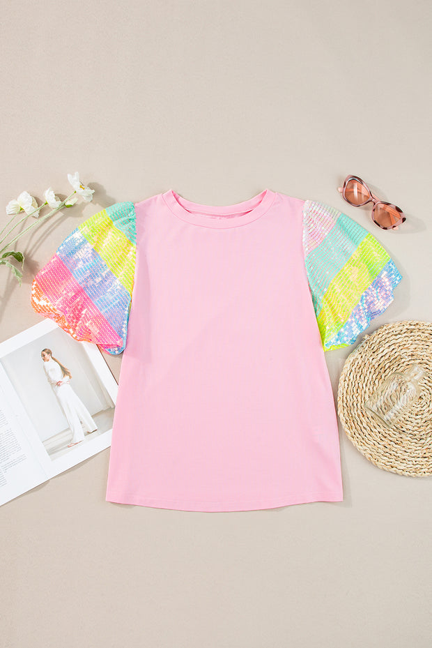 Sequin Round Neck Short Sleeve Blouse