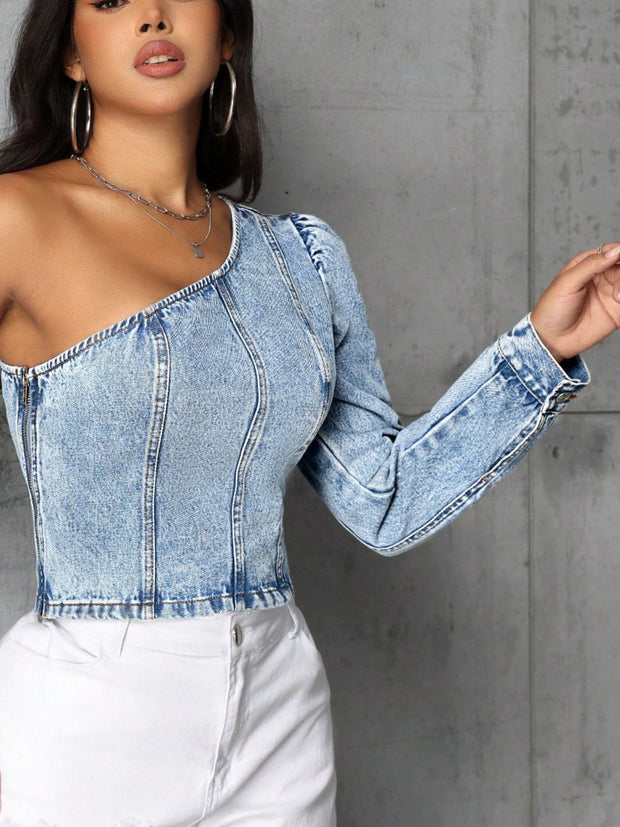 One Shoulder Denim Top