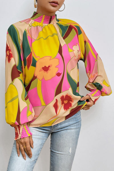 Floral Smocked Mock Neck Blouse